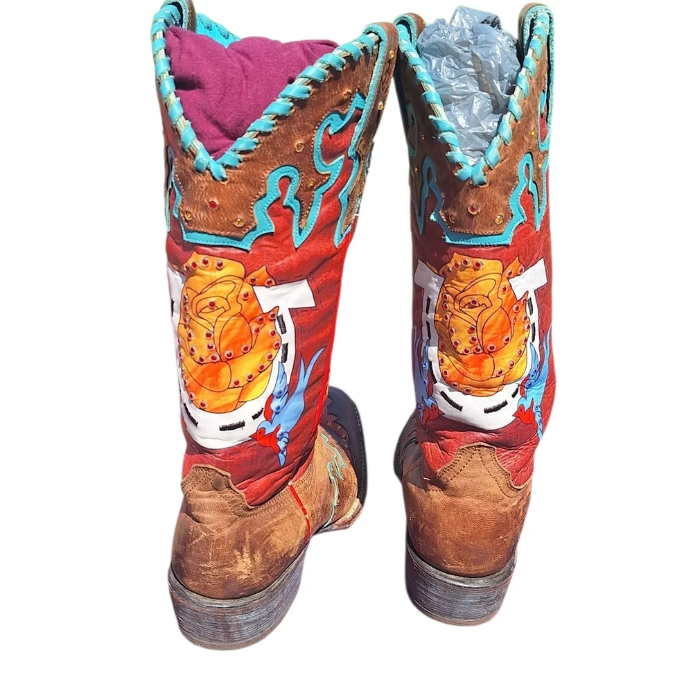 Ariat Quincy Bronco Boots Billie Red 7.5 Painted Cowgirl Western Cowboy Rare - Picture 4 of 15
